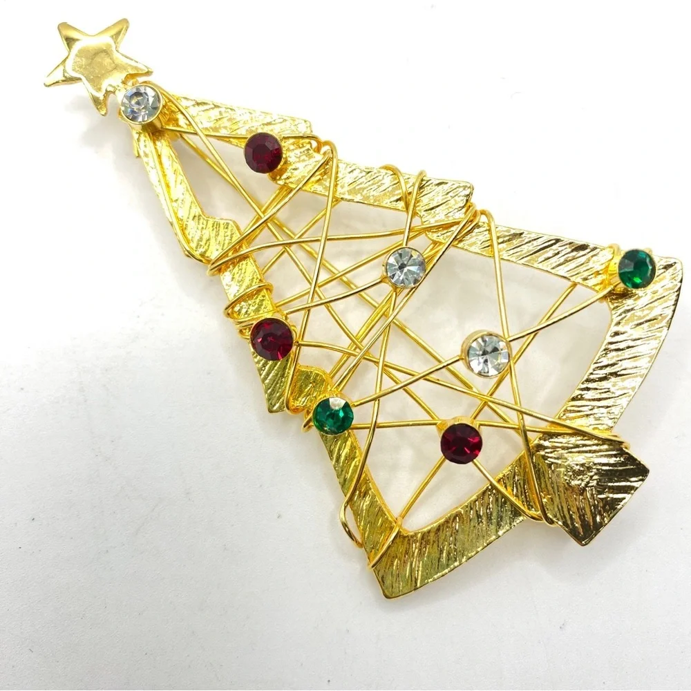Christmas Tree Brooch Large Goldtone Modern Style With Rhinestones